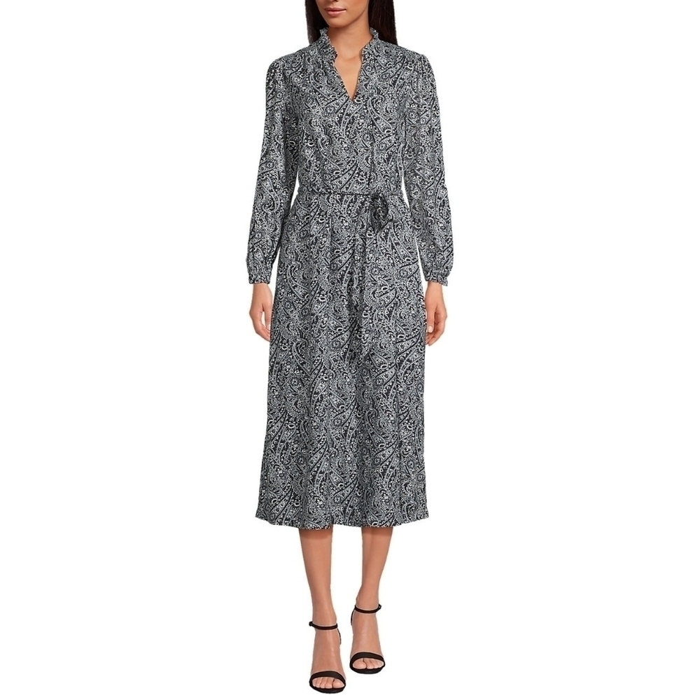 Lands End Womens Rayon Split Neck Midi Dress Slate Gray Swirl Paisley XL